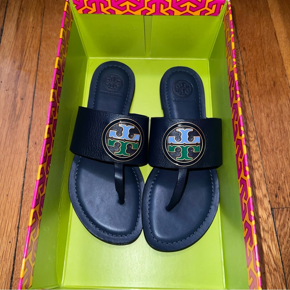 Tory Burch Benton Band Royal Navy / Multi Flat Sandal NIB